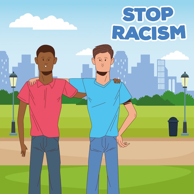 Een paar interraciale mannen stoppen de racismecampagne