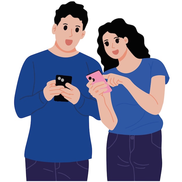 Een paar man en vrouw kijken naar hun telefoon vector illustratie