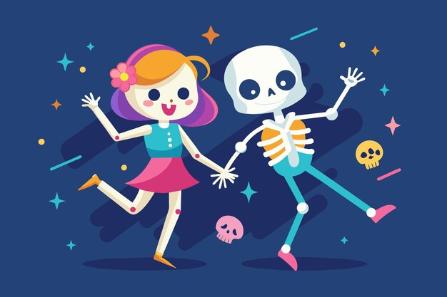 Vector een paar mexicaanse skeletten in kostuums dansen en spelen muziek op day of dead dia de los muertos