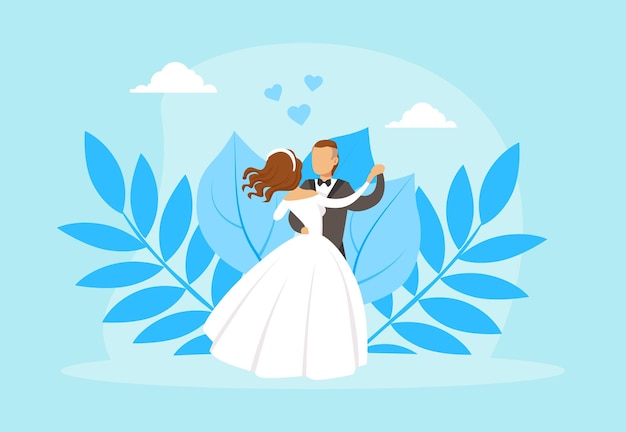 Een paar pasgetrouwden dansen bruid en bruidegom personages op hun bruiloftsfeest platte vector illustratie