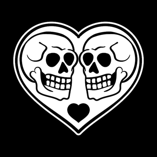 Vector een paar schedels in een hart handgetekende zwart-wit afbeelding premium vector