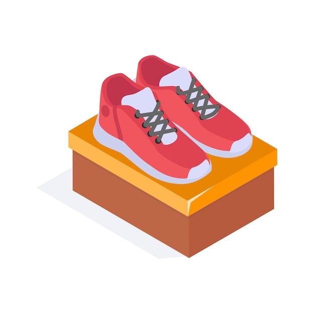 Een paar schoenen op een tentoonstellingsdoos voor een isometrisch vectorconcept voor de detailhandel