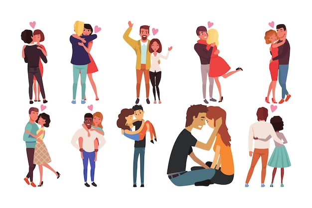 Een paar vector personages stellen valentines liefhebbers in een relatie daten en hand in hand