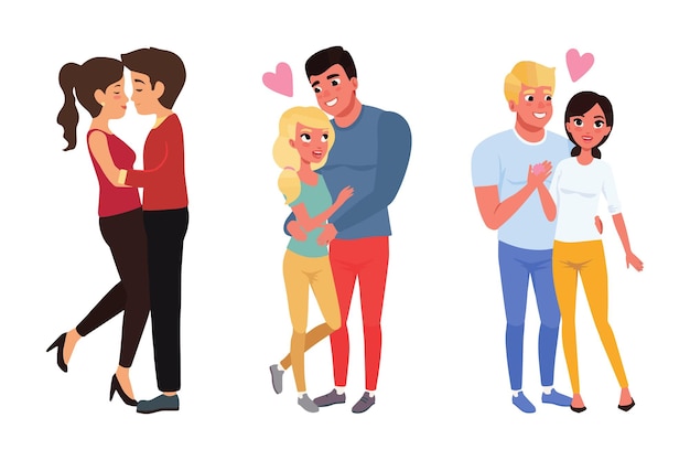 Een paar vector personages stellen valentines liefhebbers in een relatie daten en hand in hand
