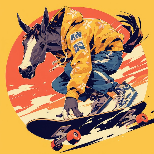 Een paard is skateboarding cartoon stijl