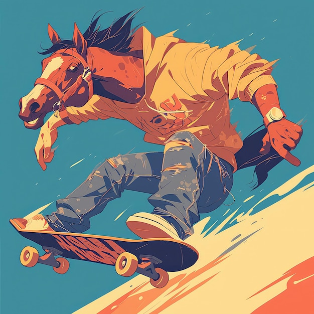 Een paard is skateboarding cartoon stijl