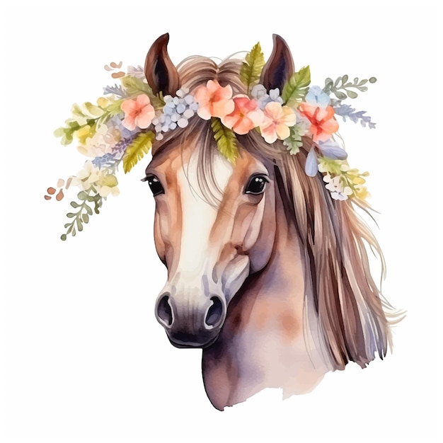 Een paard met een kroon van bloemen op zijn hoofd aquarelverf