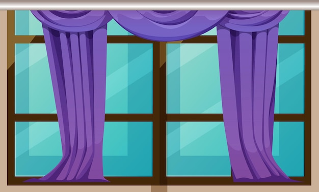 Vector een paars gordijn in een kamer met een raam waarop 'het woord' staat.