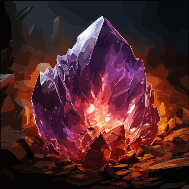 Vector een paarse diamant op een rotsachtige landschapsspelachtergrond