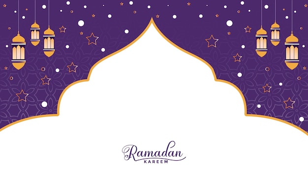 Een paarse en goudkleurige ramadan banner met een ster en de woorden ramadan