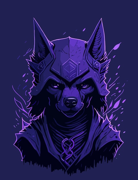 Een paarse illustratie van een wolf met een masker op zijn hoofd.