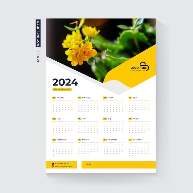 één pagina 2024 kalender ontwerp sjabloon voor gelukkig nieuw jaar