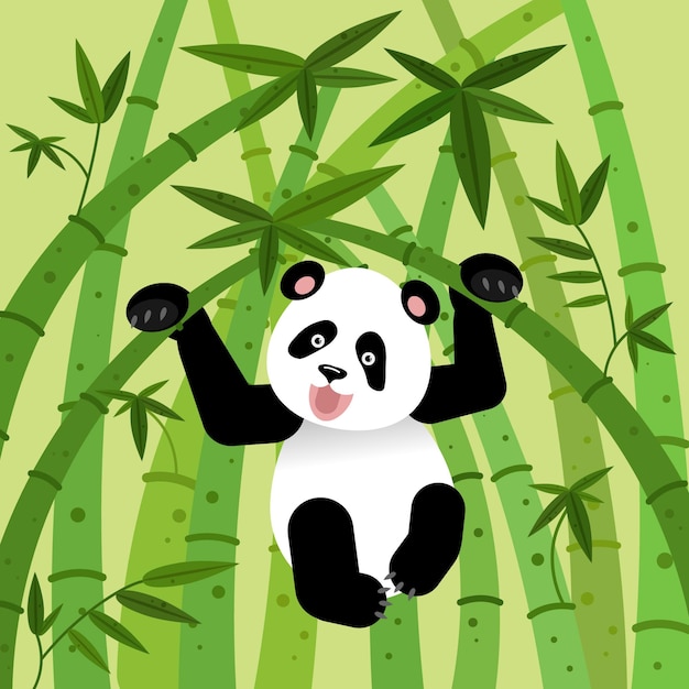 Een pandabeer die aan een bamboeboom hangt
