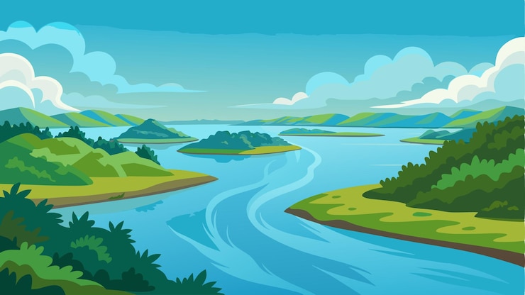 Een panoramisch uitzicht op een uitgestrekte monding van de rivier waar de rivier breidt en vertraagt in een vreedzame lagune gevuld