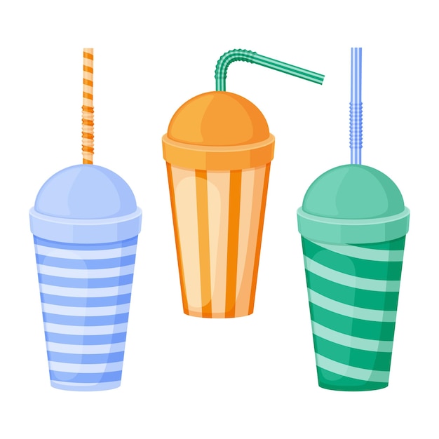 Een papieren beker. een set papieren bekers met een rietje. plastic bekers voor fastfood. een beker voor drankjes van verschillende kleuren met een rietje. vectorillustratie geïsoleerd op een witte achtergrond.