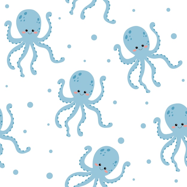 Een patroon van blauwe octopussen met roze ogen en een roze neus.