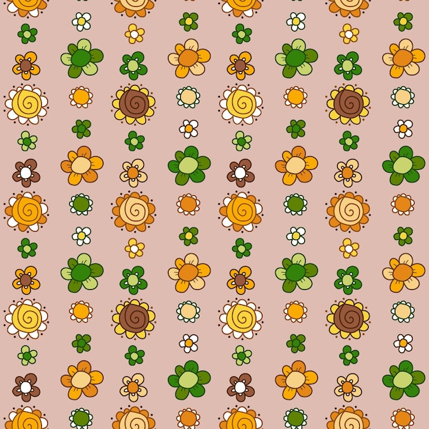 Een patroon van bloemen met afgeronde bloemblaadjes gerangschikt in verticale strepen. Oranje, bruine, groene kleuren.