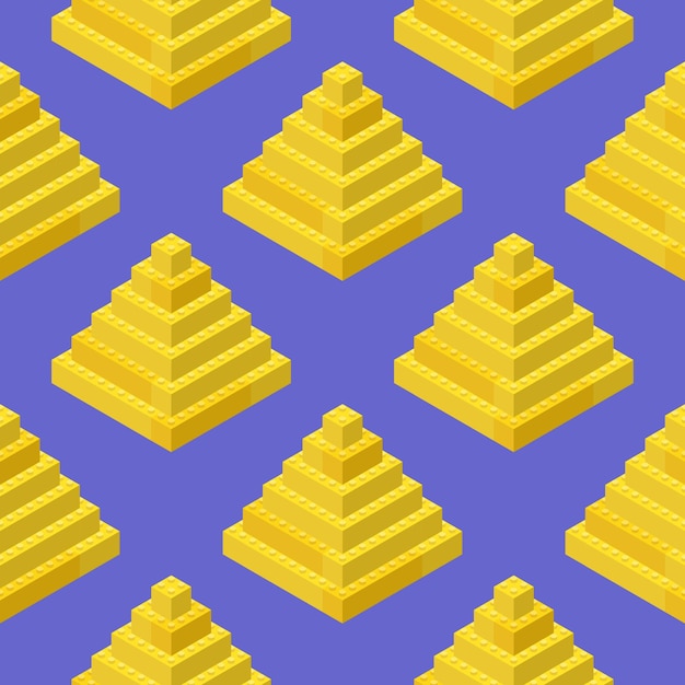 Een patroon van gouden piramides samengesteld uit plastic blokken in isometrische stijl voor drukwerk en decoratie Vector illustratie
