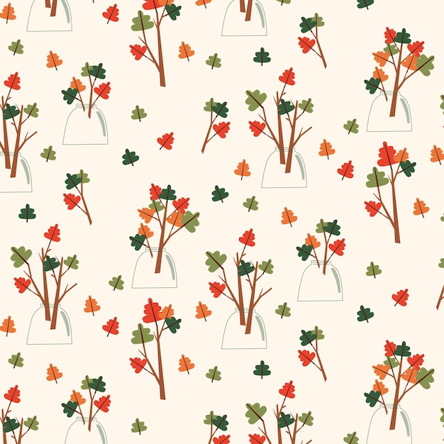 Een patroon van herfstbladeren en takken met rode en groene bladeren op een beige achtergrond eikenbladeren