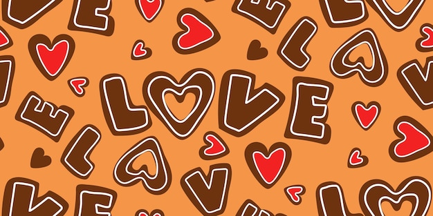 Een patroon van het woord van liefde in de vorm van koekjes met suikerglazuur en hartjes gemberkoekjes