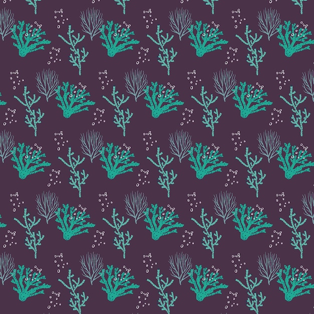 Een patroon van planten met blauwe en witte stippen op een paarse achtergrond.