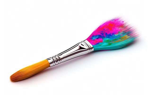 Een penseel met verf en penseelstreken van verschillende kleuren op een witte achtergrond