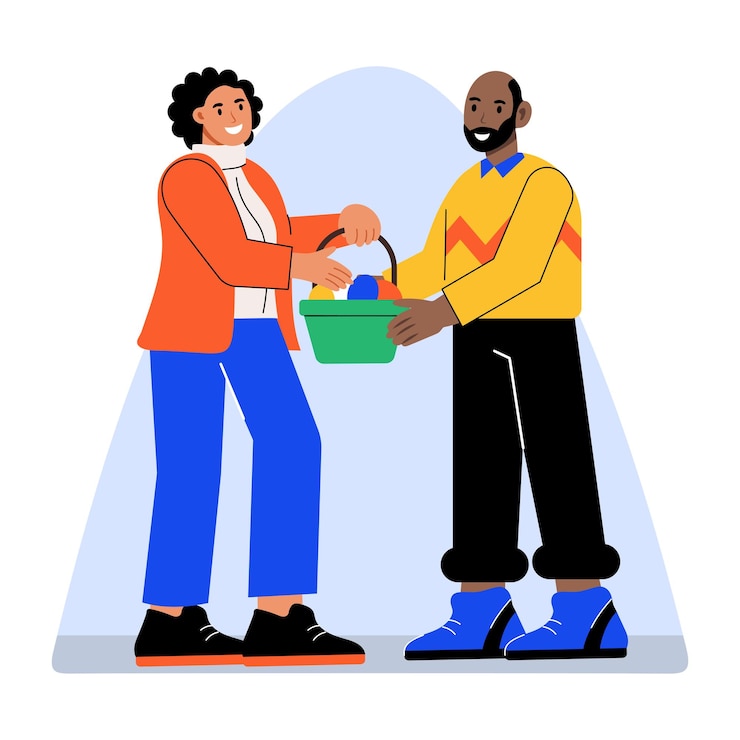 Vector een personage geeft een mandje aan zijn vriend plat illustratie