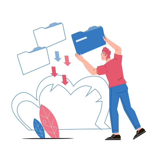 Een persoon gebruikt een computer cloud systeem om bestanden op te slaan Digitale documentopslag