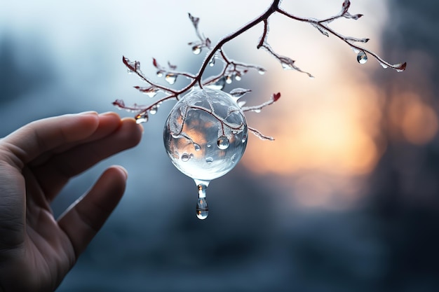 een persoon houdt een bevroren ijsbol vast met de zon achter zich