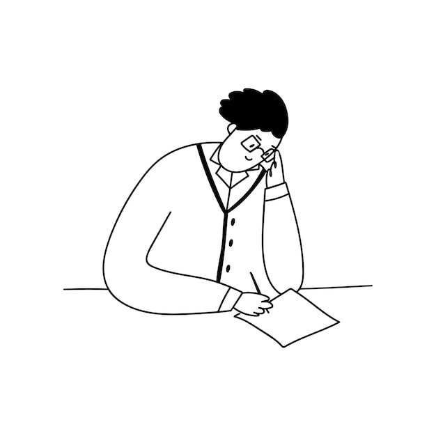 Een persoon schrijft een brief Een man met een bril en een trui zit aan een tafel Handgetekende illustratie in de doodle-stijl Alle elementen vector zijn geïsoleerd op een witte achtergrond