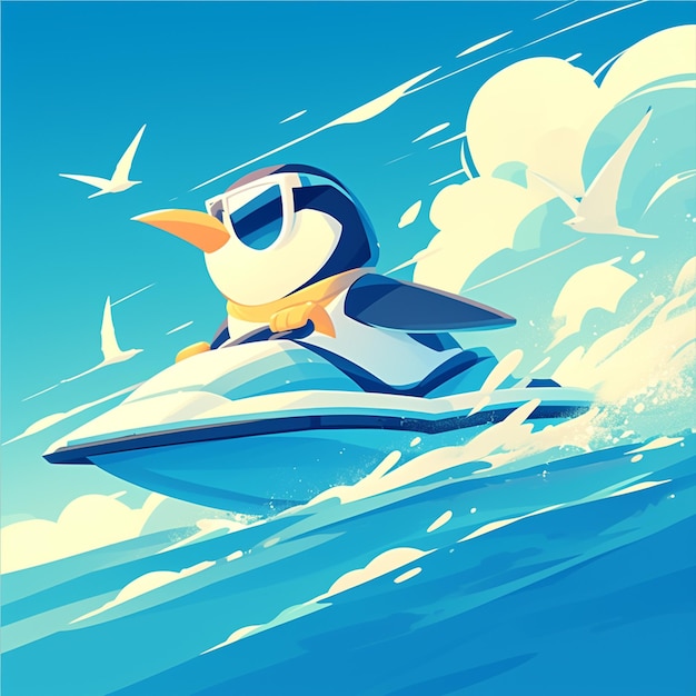 Een pinguïn op een jet ski cartoon stijl
