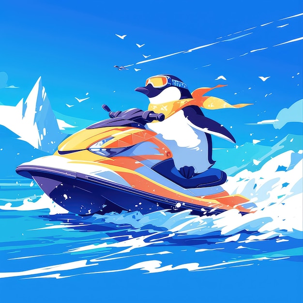 Een pinguïn rijdt op een jet ski in cartoon stijl