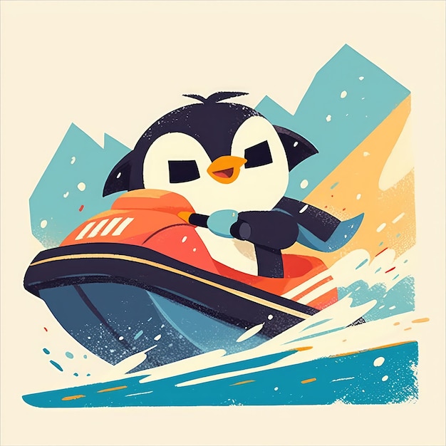 Een pinguïn rijdt op een jet ski in cartoon stijl
