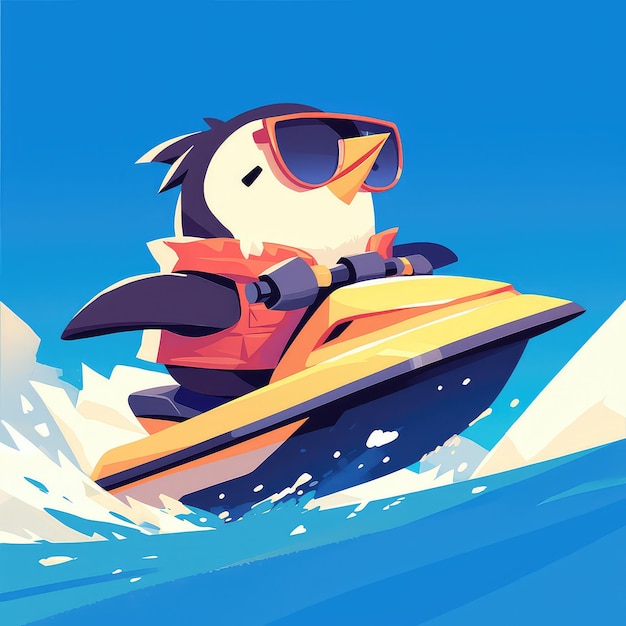 Een pinguïn rijdt op een jet ski in cartoon stijl