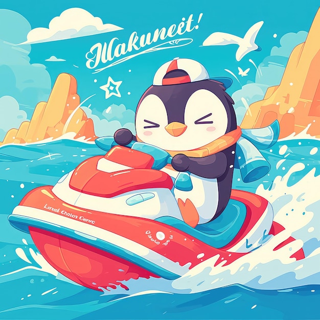 Een pinguïn rijdt op een jet ski in cartoon stijl