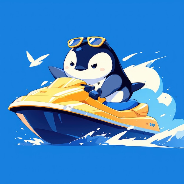 Een pinguïn rijdt op een jet ski in cartoon stijl