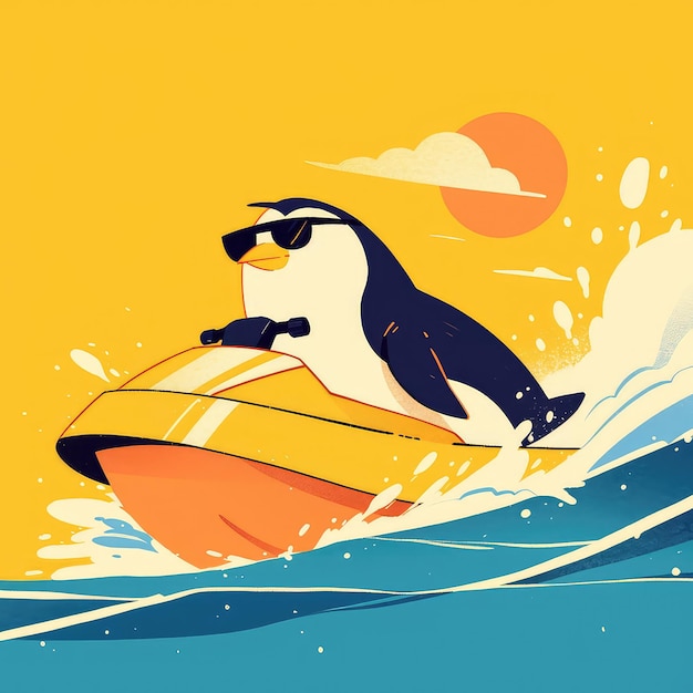 Een pinguïn rijdt op een jet ski in cartoon stijl