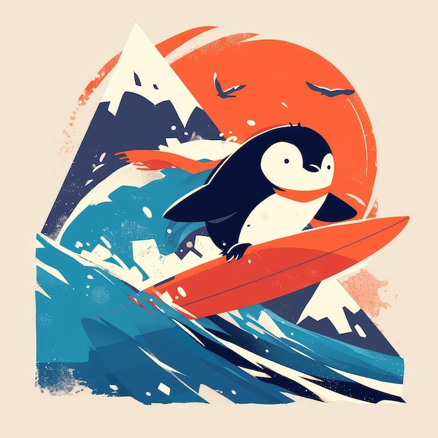 Een pinguïn surft op een surfplank in cartoon stijl.