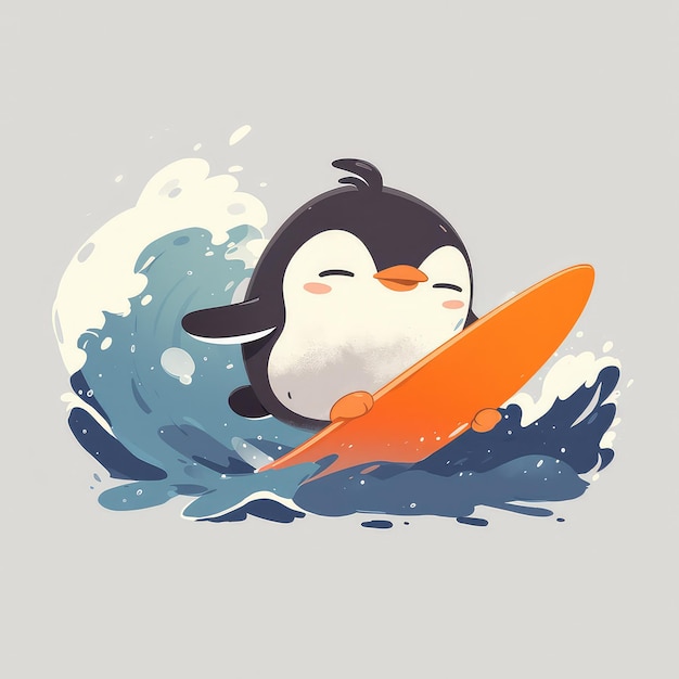 Een pinguïn surft op een surfplank in cartoon stijl.