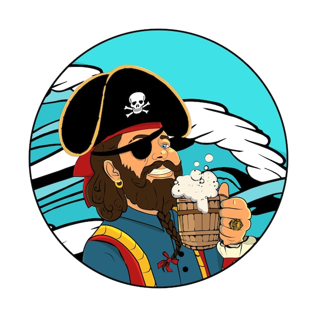 Een piraat met hoed en zonnebril die een mok bier vasthoudt.