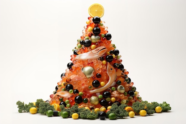 Een piramide gemaakt van fruit en groenten met een afbeelding van een boom op de top