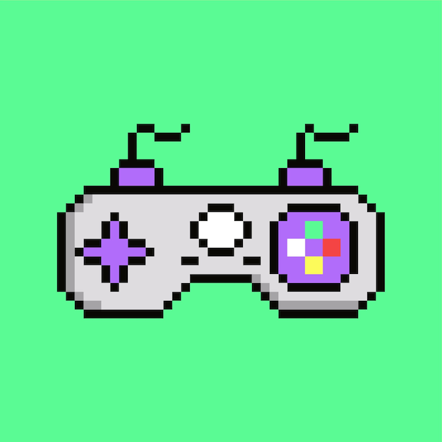Een pixelart-gamecontroller met een groene achtergrond.