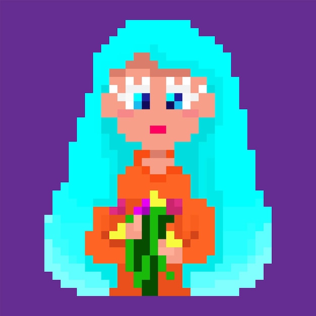 Vector een pixelart van een meisje met blauw haar dat bloemen vasthoudt