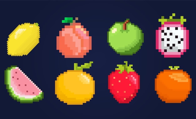 Vector een pixelkunst van fruit op een donkere achtergrond