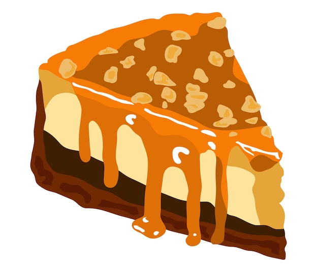 een plakje cheesecake met karamelsaus