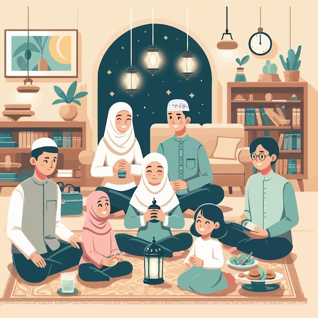 een plat ontwerp illustratie van de sharia islamitische familie bijeenkomst in ramadan