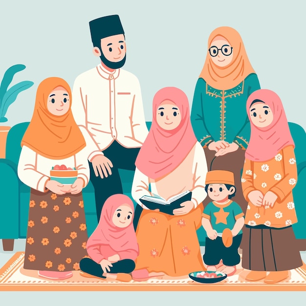 een plat ontwerp van een Sharia-moslimfamilie in Eid Mubarak en Ramadan