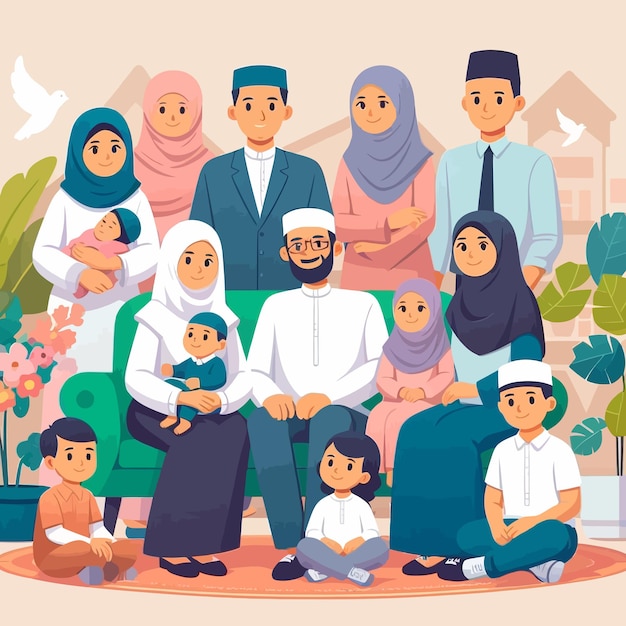 een plat ontwerp van een Sharia-moslimfamilie in Eid Mubarak en Ramadan