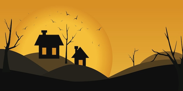 Een platte banner voor Halloween-landschap in zwart en oranje tonic met vogels en huizen