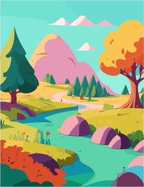 een platte illustratie geïnspireerd door bergen en meren vibes